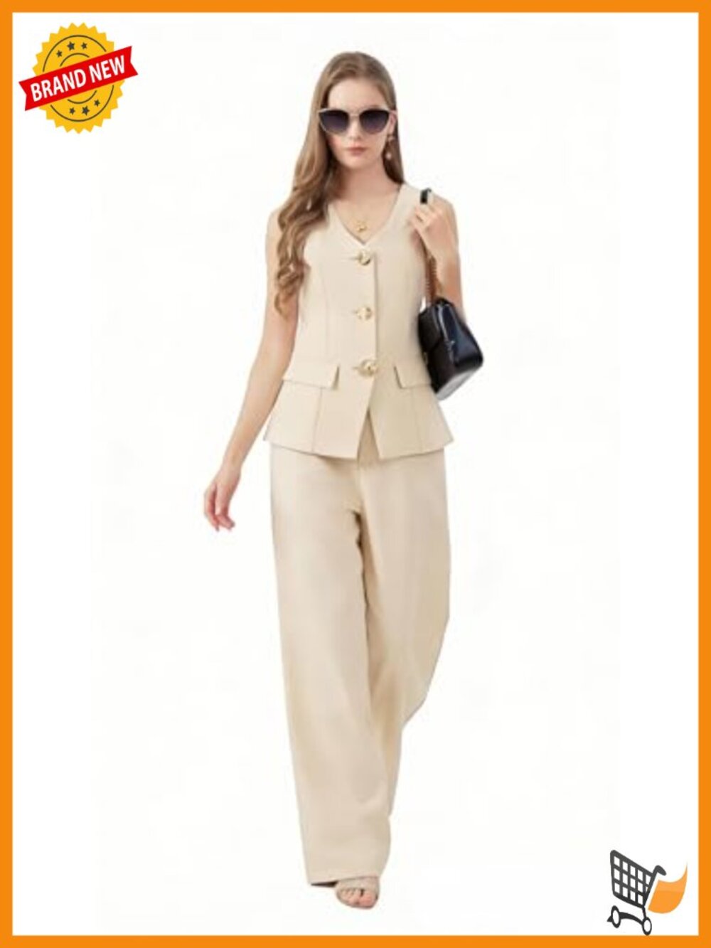Gold Button Sleeveless Vest & Wide Leg Pantsuit Set